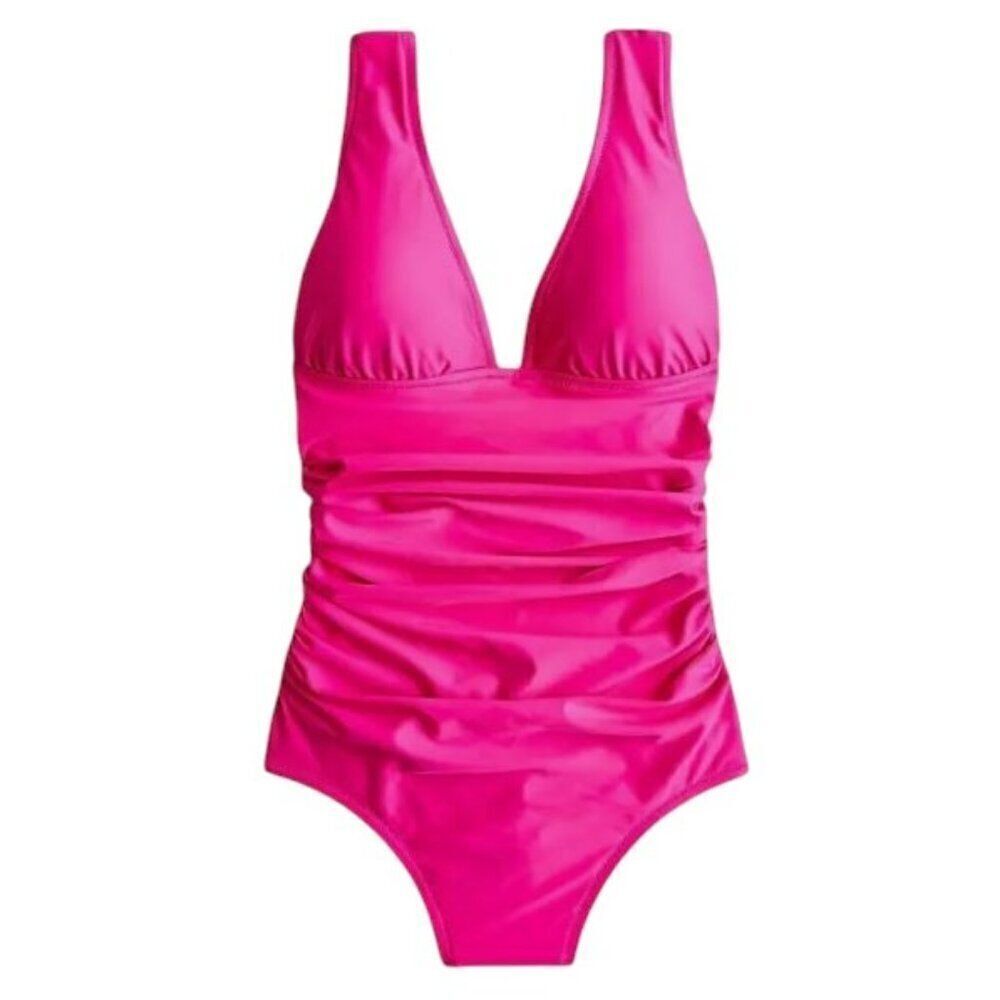 NEW J. Crew Ruched V Neck One Piece Size 24 Pink Radiant Fuchsia - Picture 1 of 10